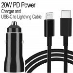 Wholesale 2in1 Car 20W PD Fast Power Delivery Charger with 3FT USB-C to IP Lighting Cable for iPhone, iDevice (Car - Black)